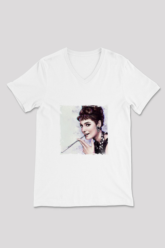 Audrey Hepburn Baskılı V Yaka Unisex Beyaz Tişört