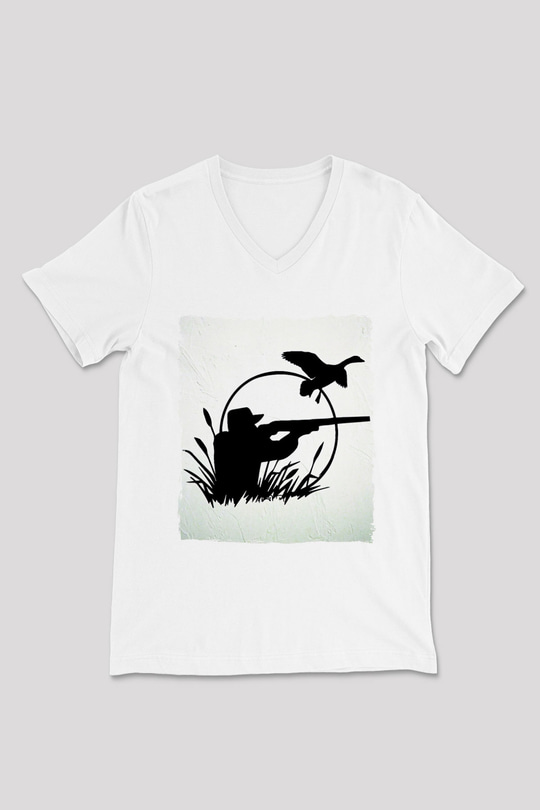 Avcı Beyaz Unisex V Yaka Tişört