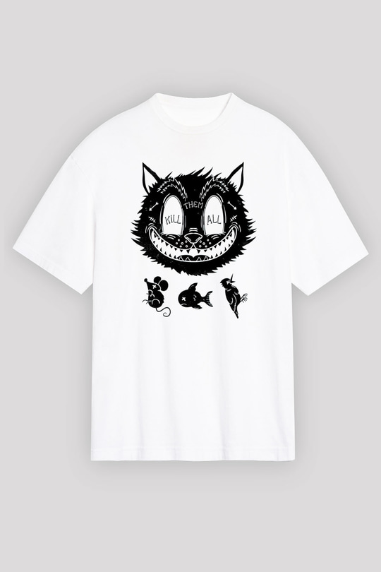 Avcı Kedi Baskılı Unisex Beyaz Tshirt