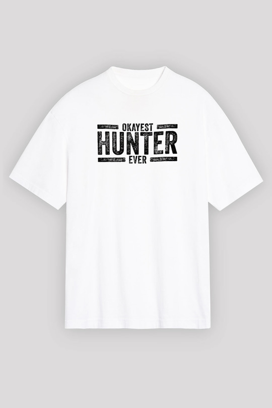 Avcılık Baskılı Unisex Beyaz Oversize Tişört - Tshirt