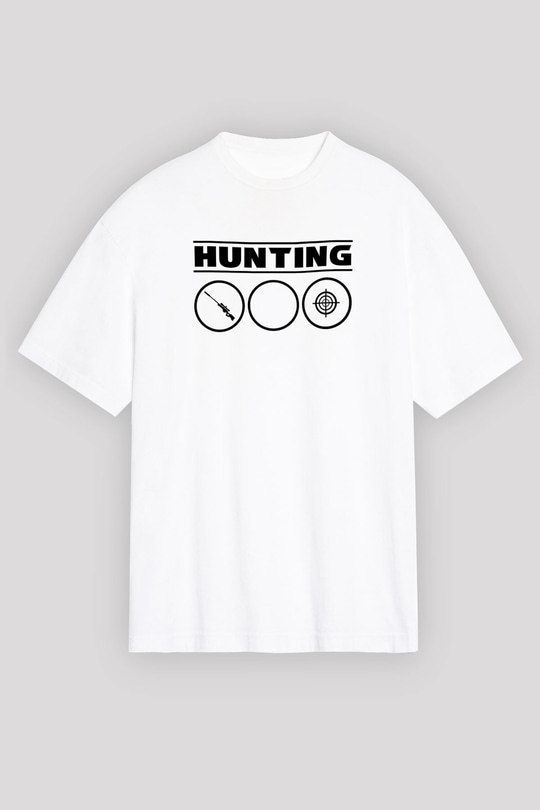 Avcılık Baskılı Unisex Beyaz Oversize Tişört - Tshirt