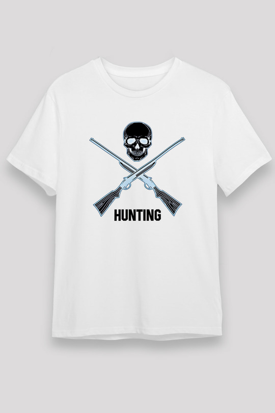 Avcılık Baskılı Unisex Beyaz Tişört - Tshirt