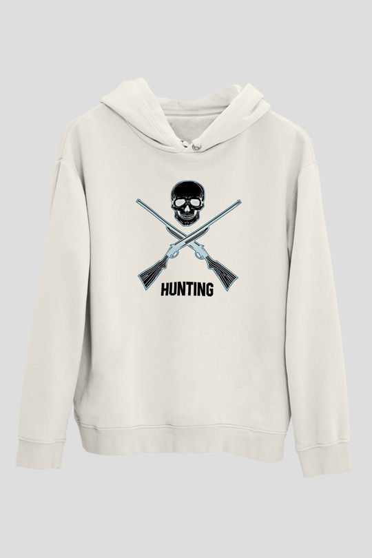 Avcılık Baskılı Unisex Ekru Hoodie