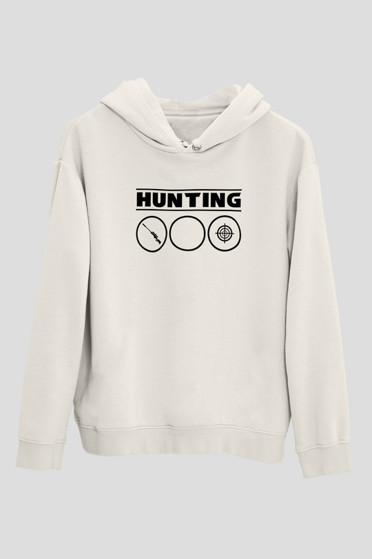 Avcılık Baskılı Unisex Ekru Hoodie