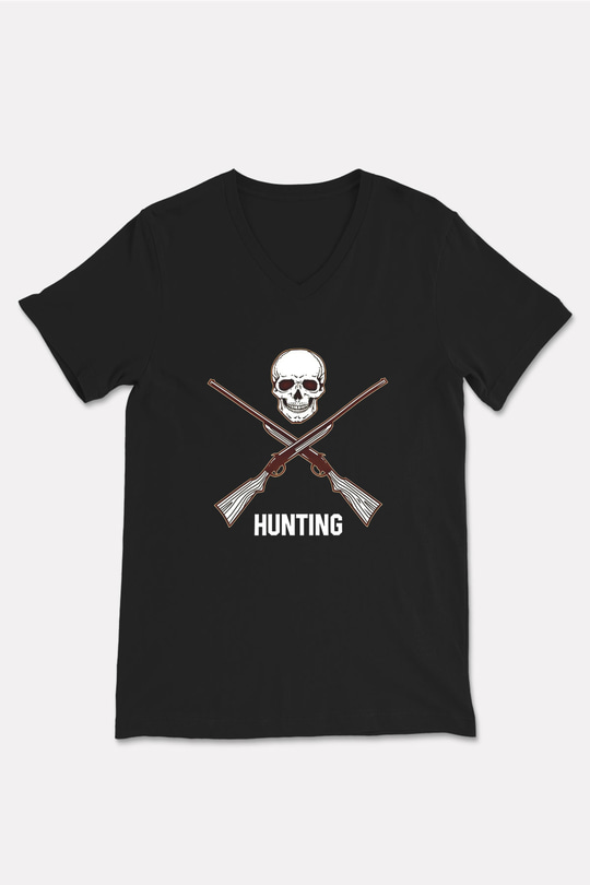 Avcılık - Hunting Baskılı Unisex Siyah V Yaka Tişört