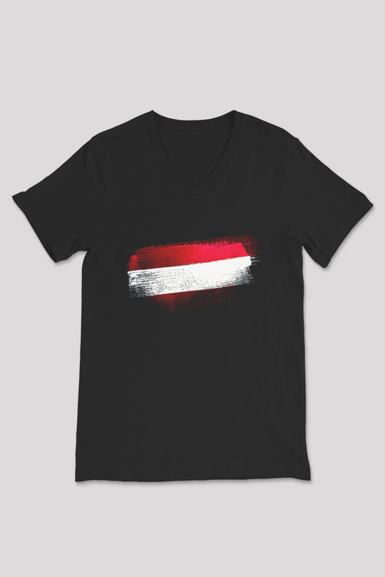 Avusturya - Austria Bayrağı Baskılı Unisex Siyah V Yaka Tişört