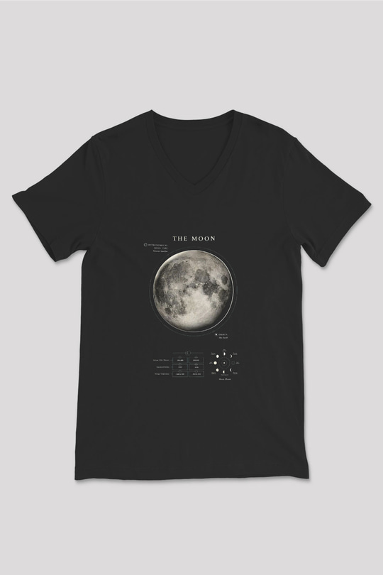 Ay Fiziksel Özellikleri Baskılı Unisex V Yaka Siyah Tİşört - Tshirt