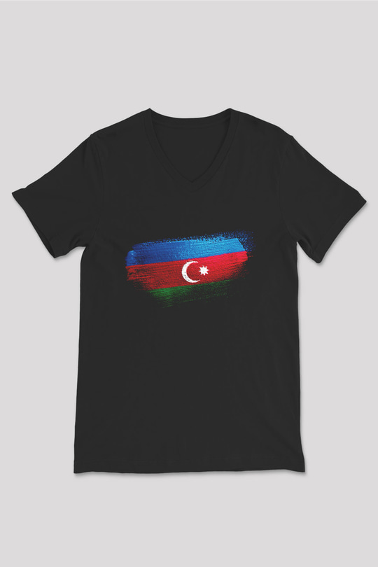 Azerbaycan - Azerbaijan Bayrağı Baskılı Unisex Siyah V Yaka Tişört