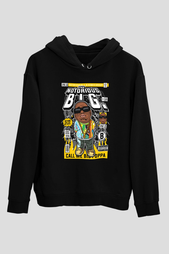 B.I.G Baskılı Unisex Siyah Hoodie