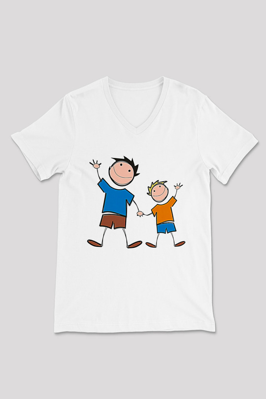 Babalar Günü Baskılı Beyaz Unisex V Yaka Tişört - Tshirt