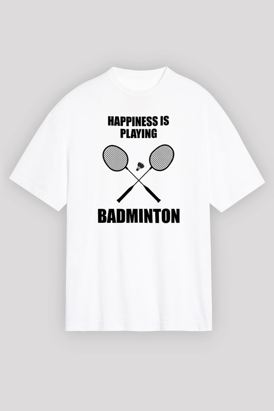 Badminton Baskılı Unisex Beyaz Oversize Tişört - Tshirt