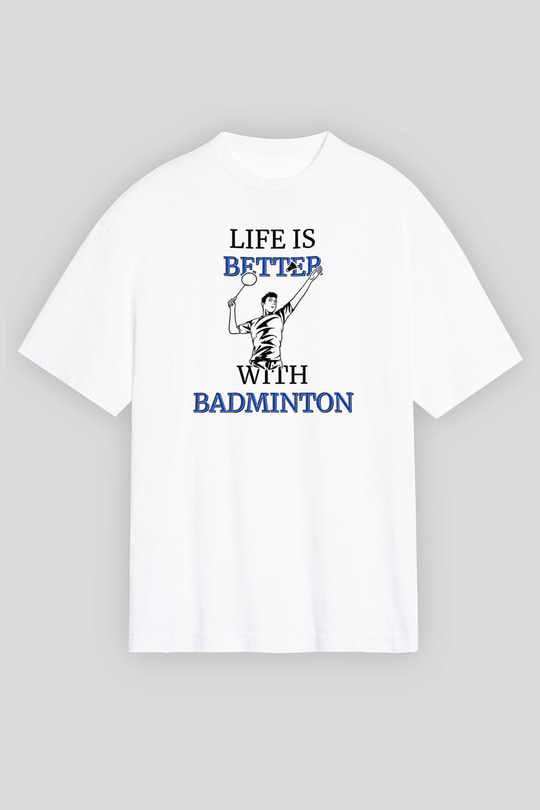 Badminton Baskılı Unisex Beyaz Oversize Tişört - Tshirt