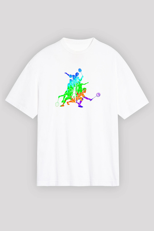 Badminton Baskılı Unisex Beyaz Oversize Tişört - Tshirt