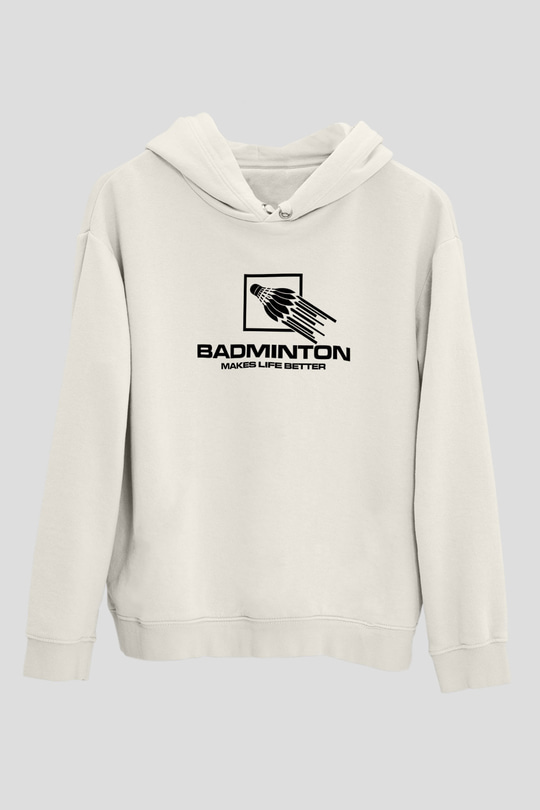 Badminton Baskılı Unisex Ekru Hoodie