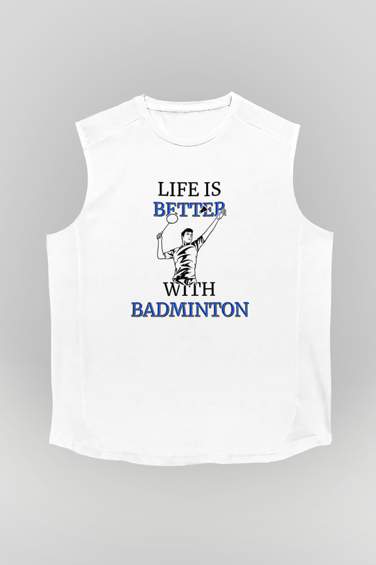 Badminton Baskılı Unisex Kolsuz Beyaz Tişört