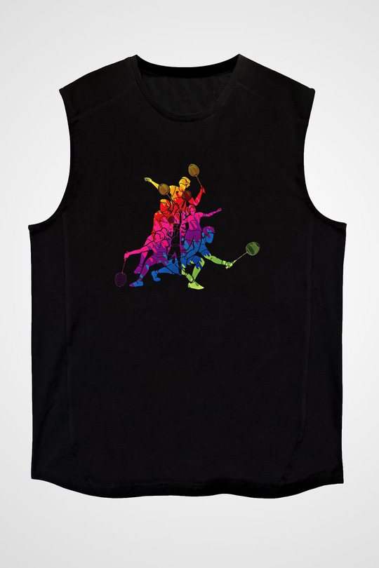 Badminton Baskılı Unisex Siyah Kolsuz Tişört