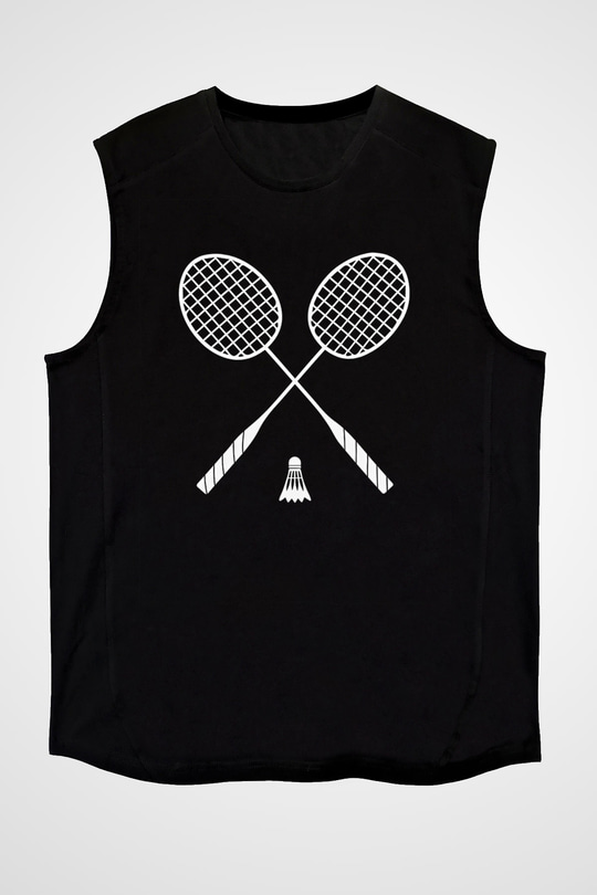 Badminton Baskılı Unisex Siyah Kolsuz Tişört