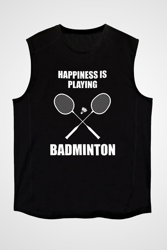 Badminton Baskılı Unisex Siyah Kolsuz Tişört