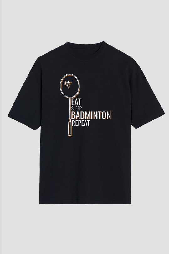 Badminton Baskılı Unisex Siyah Oversize Tişört
