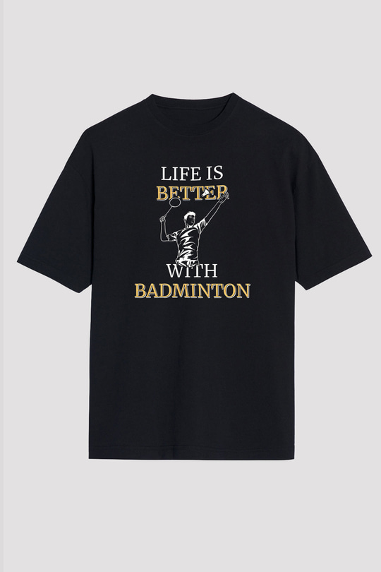 Badminton Baskılı Unisex Siyah Oversize Tişört