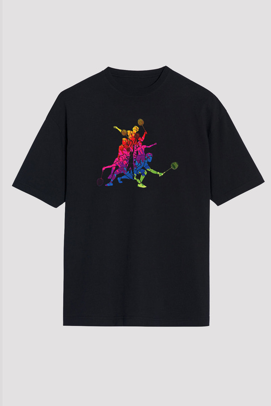 Badminton Baskılı Unisex Siyah Oversize Tişört