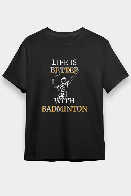 Badminton Baskılı Unisex Siyah Tişört - Tshirt