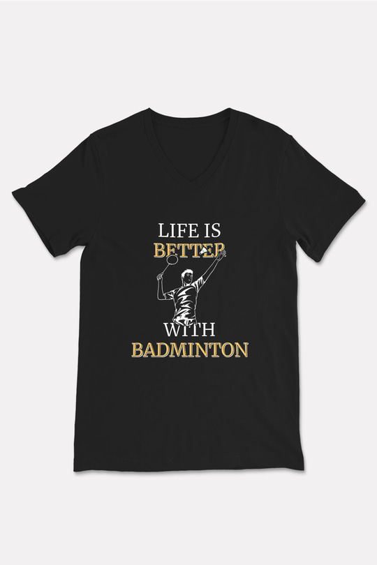 Badminton Baskılı Unisex Siyah V Yaka Tişört