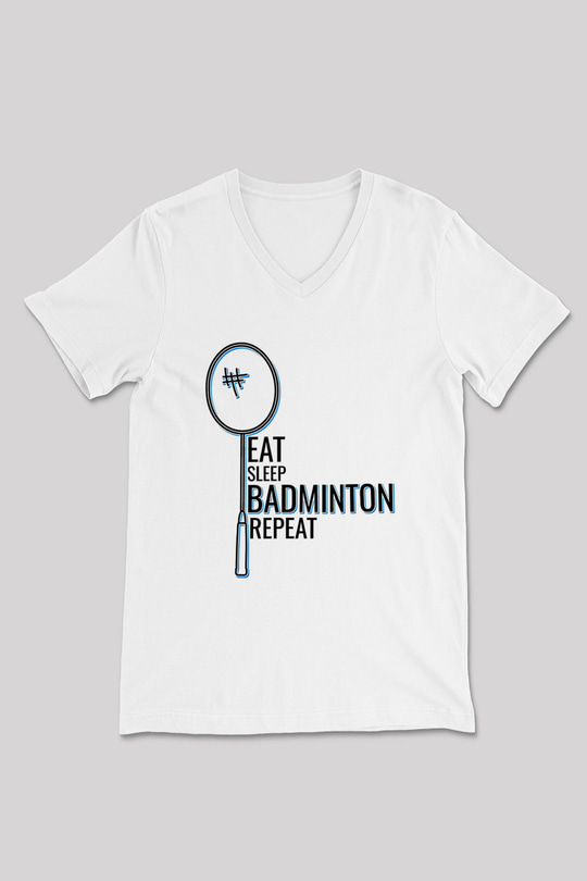 Badminton Baskılı Unisex V Yaka Tişört - Tshirt
