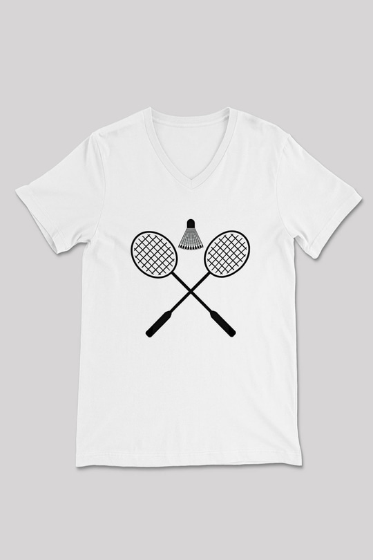Badminton Baskılı Unisex V Yaka Tişört - Tshirt