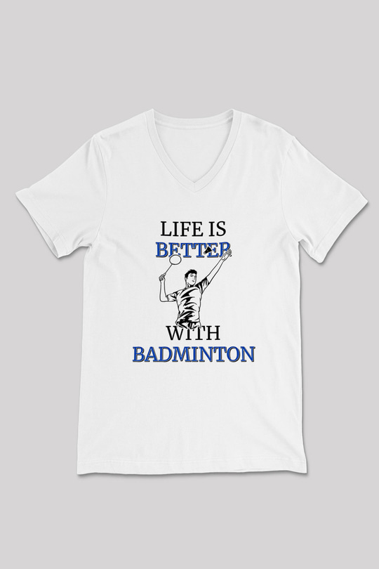 Badminton Baskılı Unisex V Yaka Tişört - Tshirt