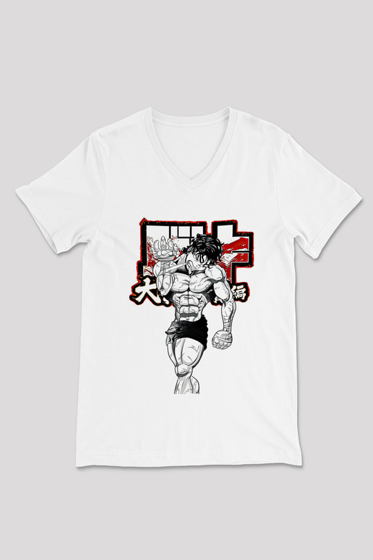 Baki The Grappler Baskılı Beyaz Unisex V Yaka Tişört - Tshirt
