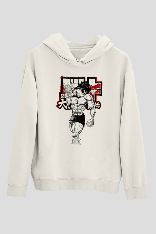 Baki The Grappler Baskılı Beyaz Unisex Hoodie
