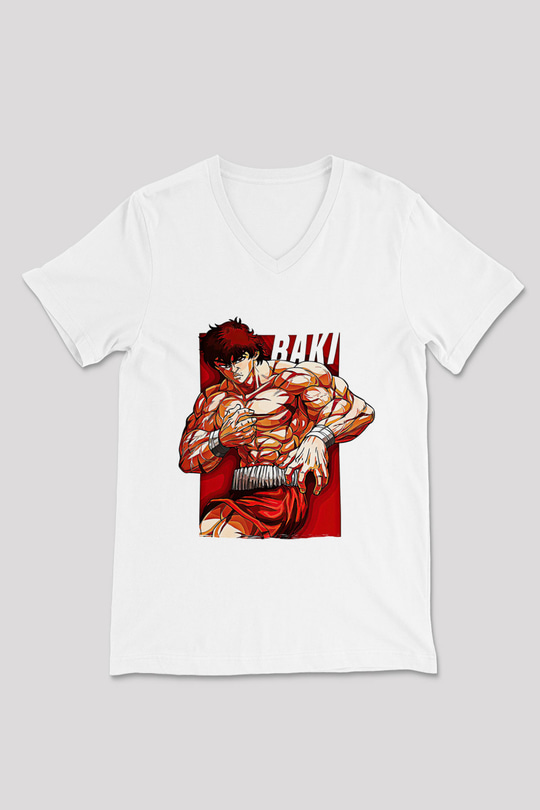 Baki The Grappler Baskılı Beyaz Unisex V Yaka Tişört - Tshirt