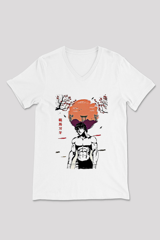Baki The Grappler Baskılı Beyaz Unisex V Yaka Tişört - Tshirt