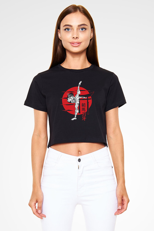 Baki The Grappler Baskılı Siyah Crop Top Kadın Tişört - Tshirt