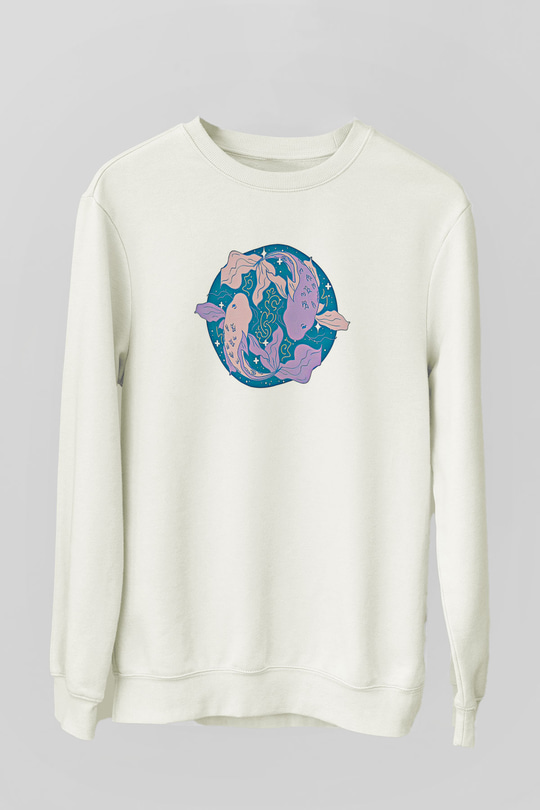 Balık Burcu Baskılı Beyaz Unisex Sweatshirt