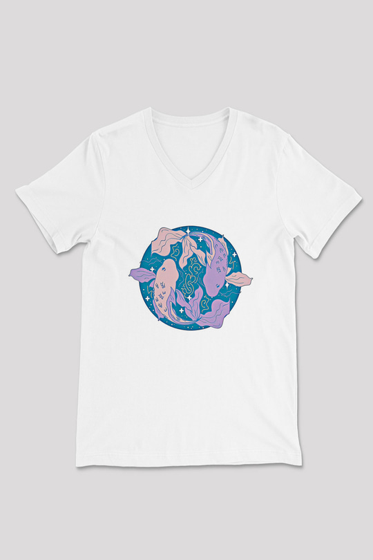 Balık Burcu Baskılı Beyaz Unisex V Yaka Tişört - Tshirt
