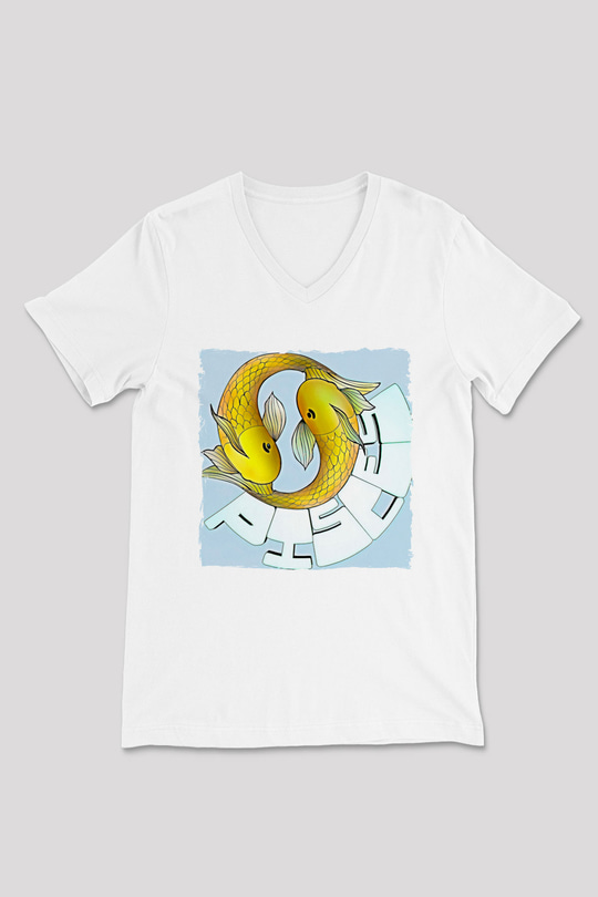 Balık Burcu Baskılı Beyaz Unisex V Yaka Tişört - Tshirt