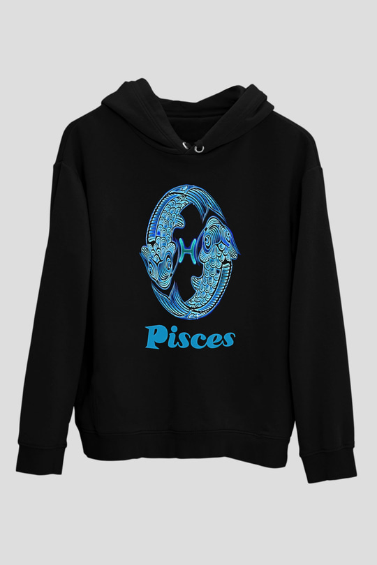 Balık Burcu Baskılı Unisex Siyah Hoodie