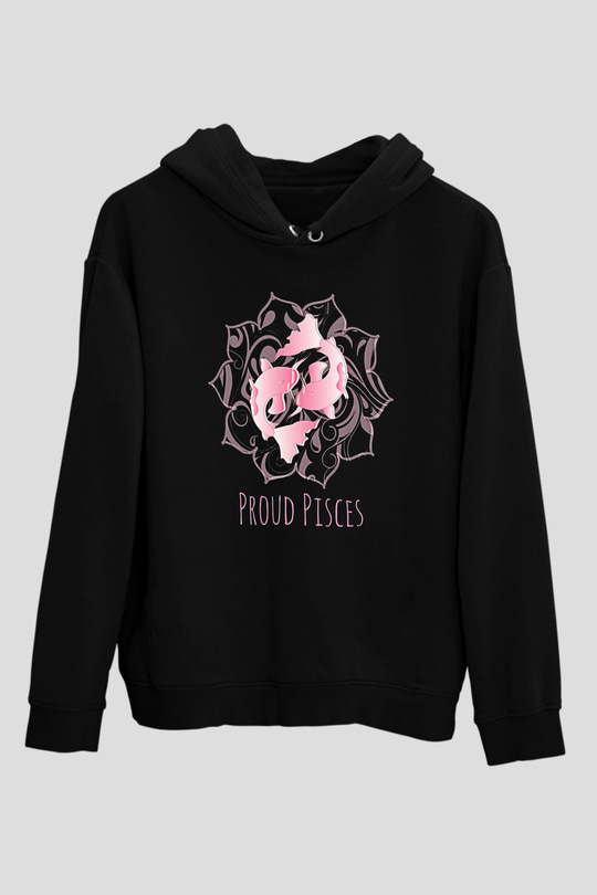 Balık Burcu Baskılı Unisex Siyah Hoodie
