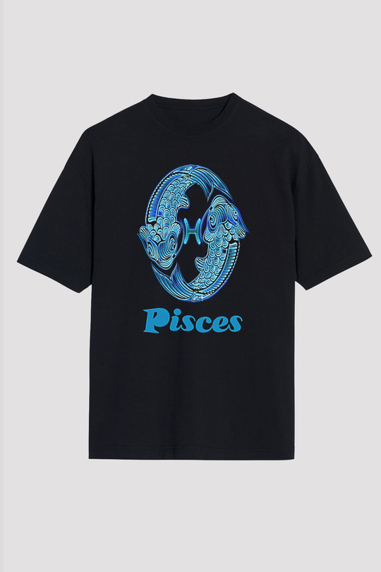 Balık Burcu Baskılı Unisex Siyah Oversize Tişört - Tshirt