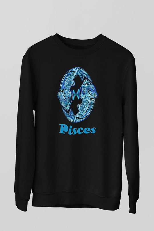 Balık Burcu Baskılı Unisex Siyah Sweatshirt