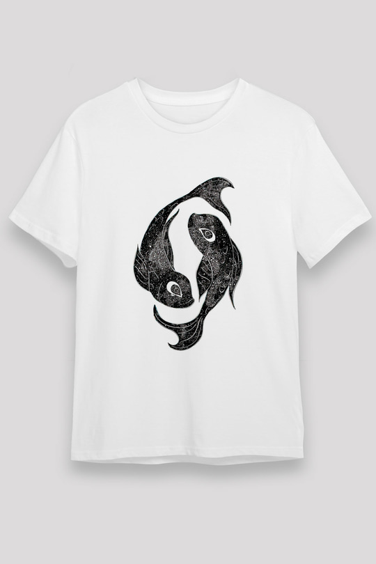 Balık Burcu Unisex Baskılı Beyaz Tişört - Tshirt