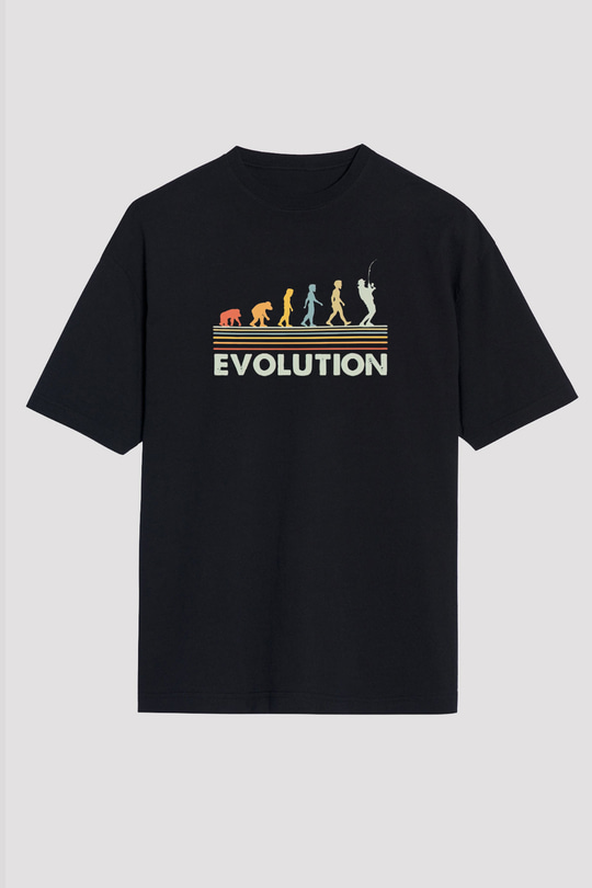 Balıkçı Evrimi Baskılı Unisex Oversize Tişört - Tshirt