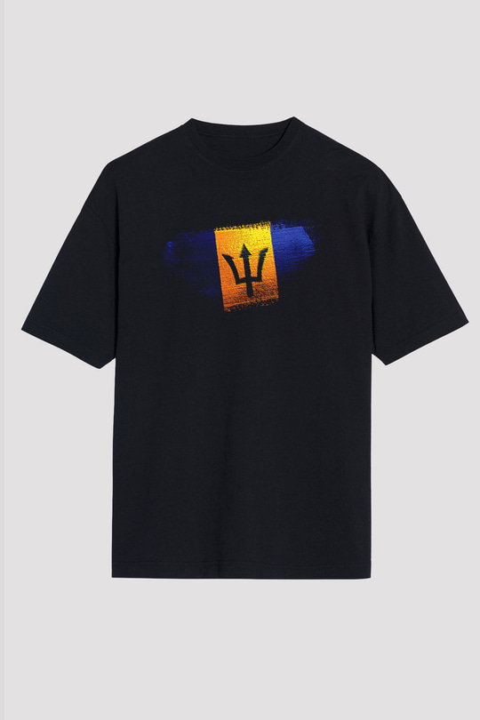 Barbados Bayrağı Baskılı Unisex Siyah Oversize Tişört