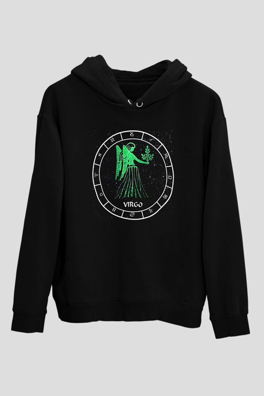 Başak Burcu Baskılı Unisex Siyah Hoodie