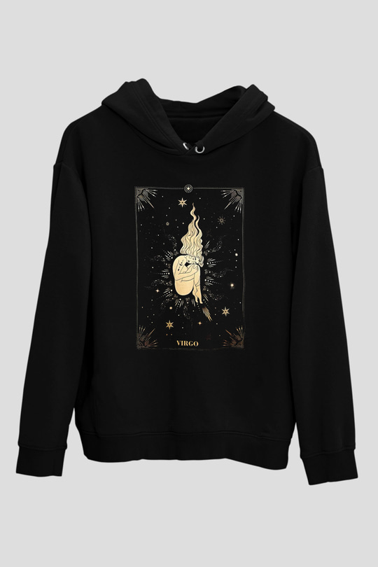 Başak Burcu Baskılı Unisex Siyah Hoodie