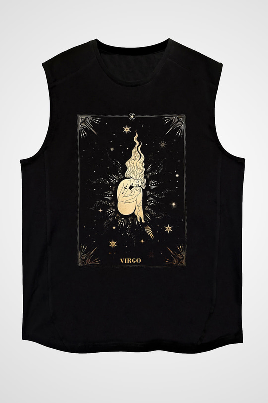 Başak Burcu Baskılı Unisex Siyah Kolsuz Tişört - Tshirt