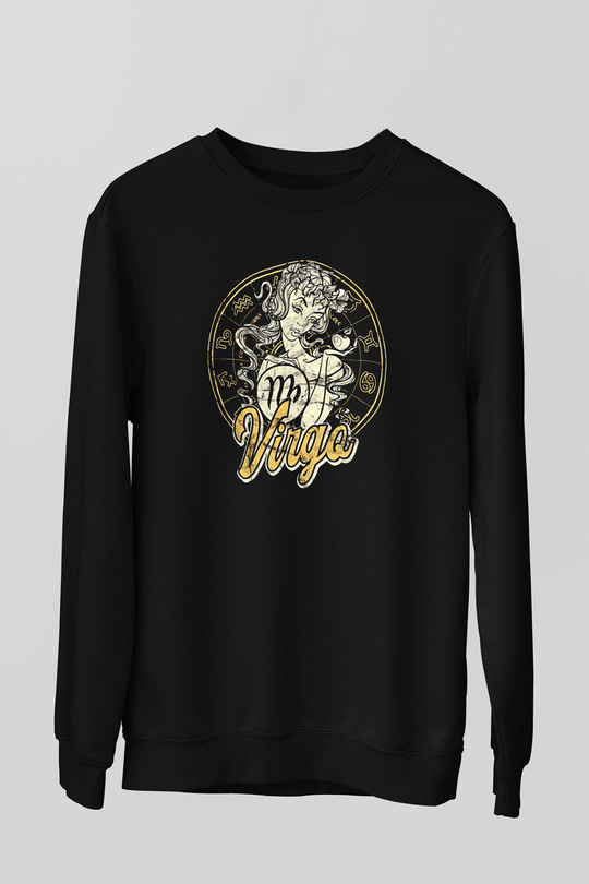 Başak Burcu Baskılı Unisex Siyah Sweatshirt