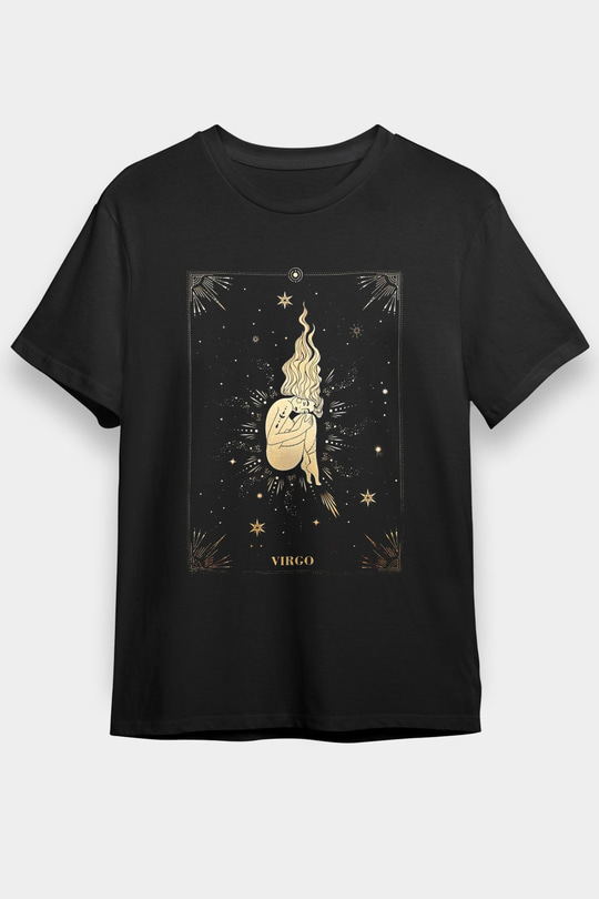 Başak Burcu Baskılı Unisex Siyah Tişört - Tshirt